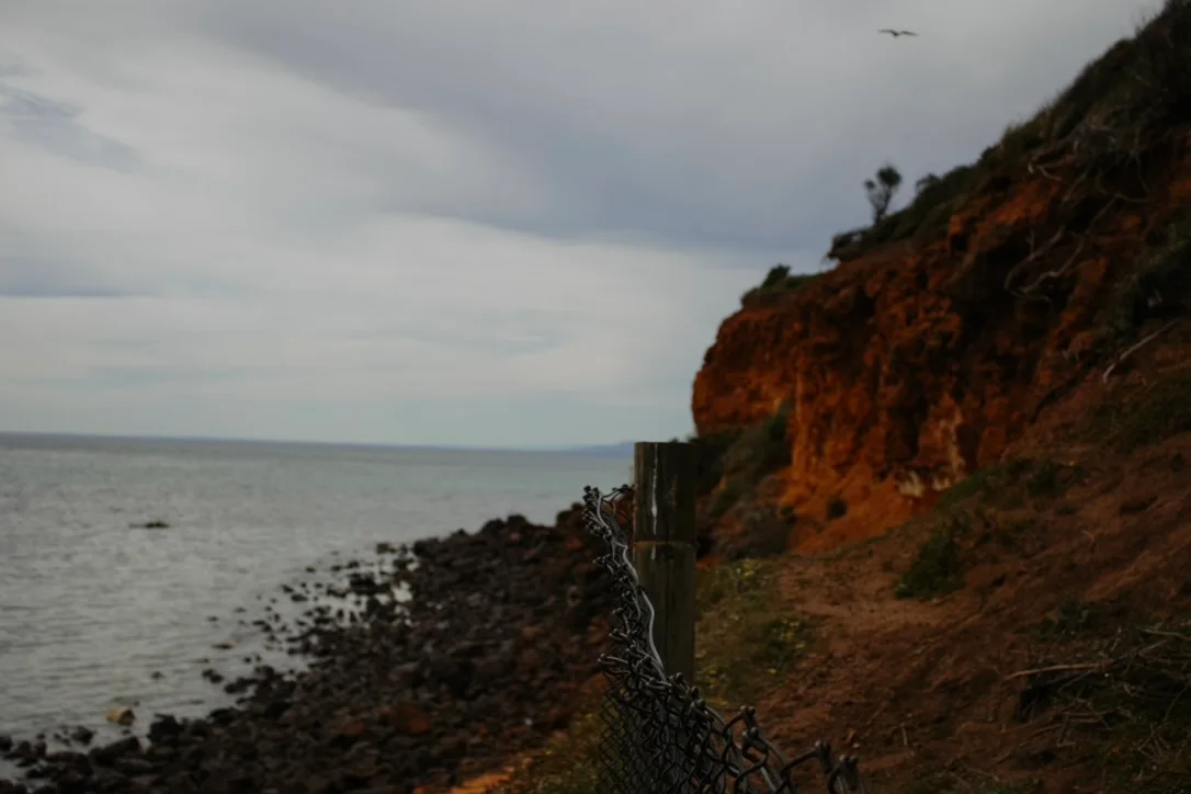 A weathered fence beside a rocky coastline and rust-coloured bluff under an overcast sky.