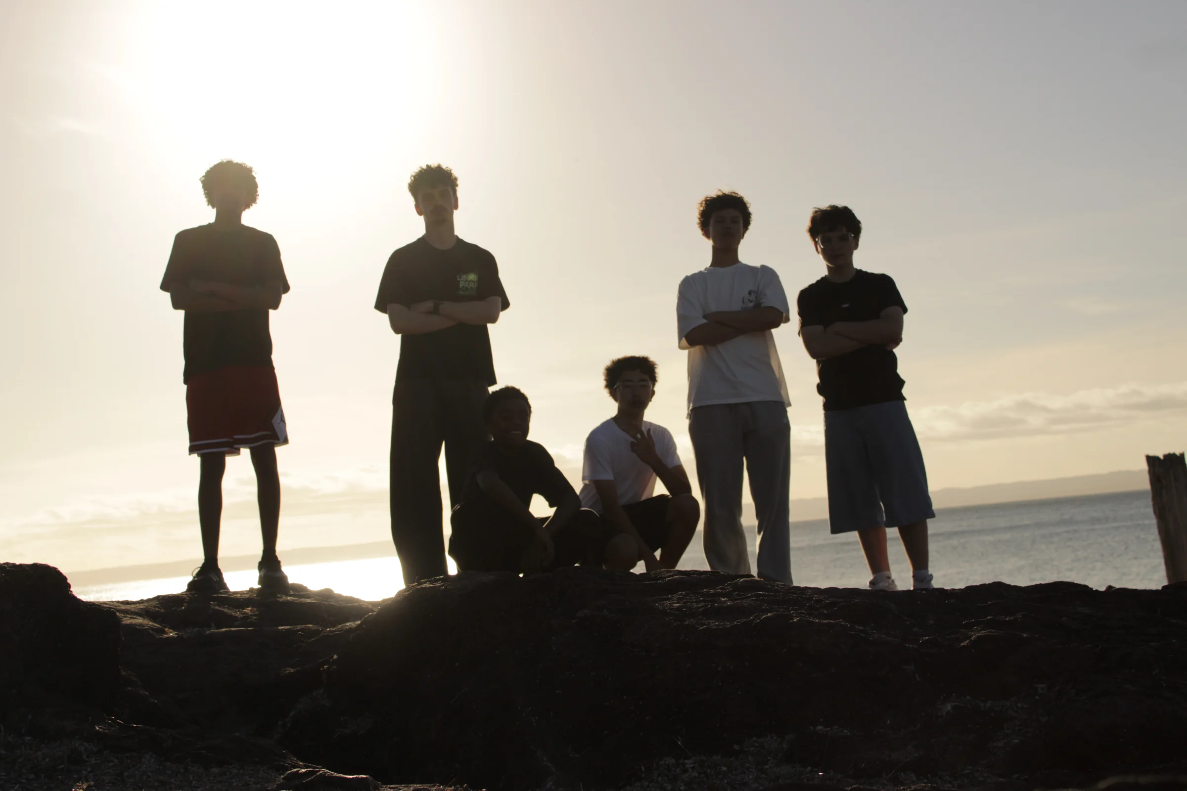 Me and my mates, in a group shot, with the sun shining behind us.